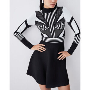 Karen Millen 'Mono' Black Sporty Jacquard Knit Mini Skater Dress Size S